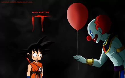 HD desktop wallpaper featuring a crossover between Dragon Ball Super’s Goku and Vermoud as Pennywise from It (2017), with a red balloon and dark background.