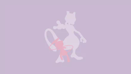 A 4K Ultra HD anime-style PC desktop wallpaper featuring the silhouettes of Pokémon characters Mewtwo and Mew against a soft purple background.