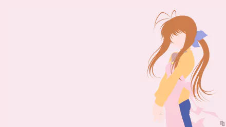 HD PC desktop wallpaper of Sanae Furukawa (Clannad) — minimalist pastel pink background with a stylized side-profile silhouette, flowing brown hair, and soft anime shading.