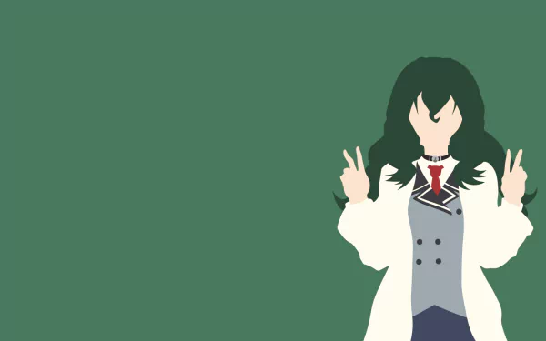 HD PC desktop wallpaper featuring Hyouka Fuwa from the anime Shimoneta, depicted with long dark hair, a school uniform, and making a double peace sign on a green background.