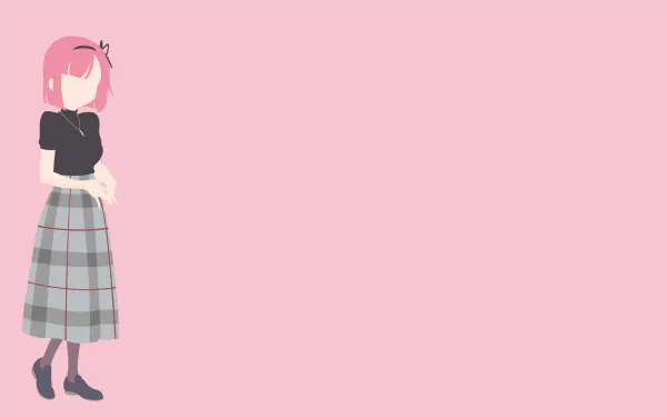 4K Ultra HD PC wallpaper of Momiji Mochizuki (New Game!) positioned left on a solid pink background, wearing a black top and a long gray plaid skirt.