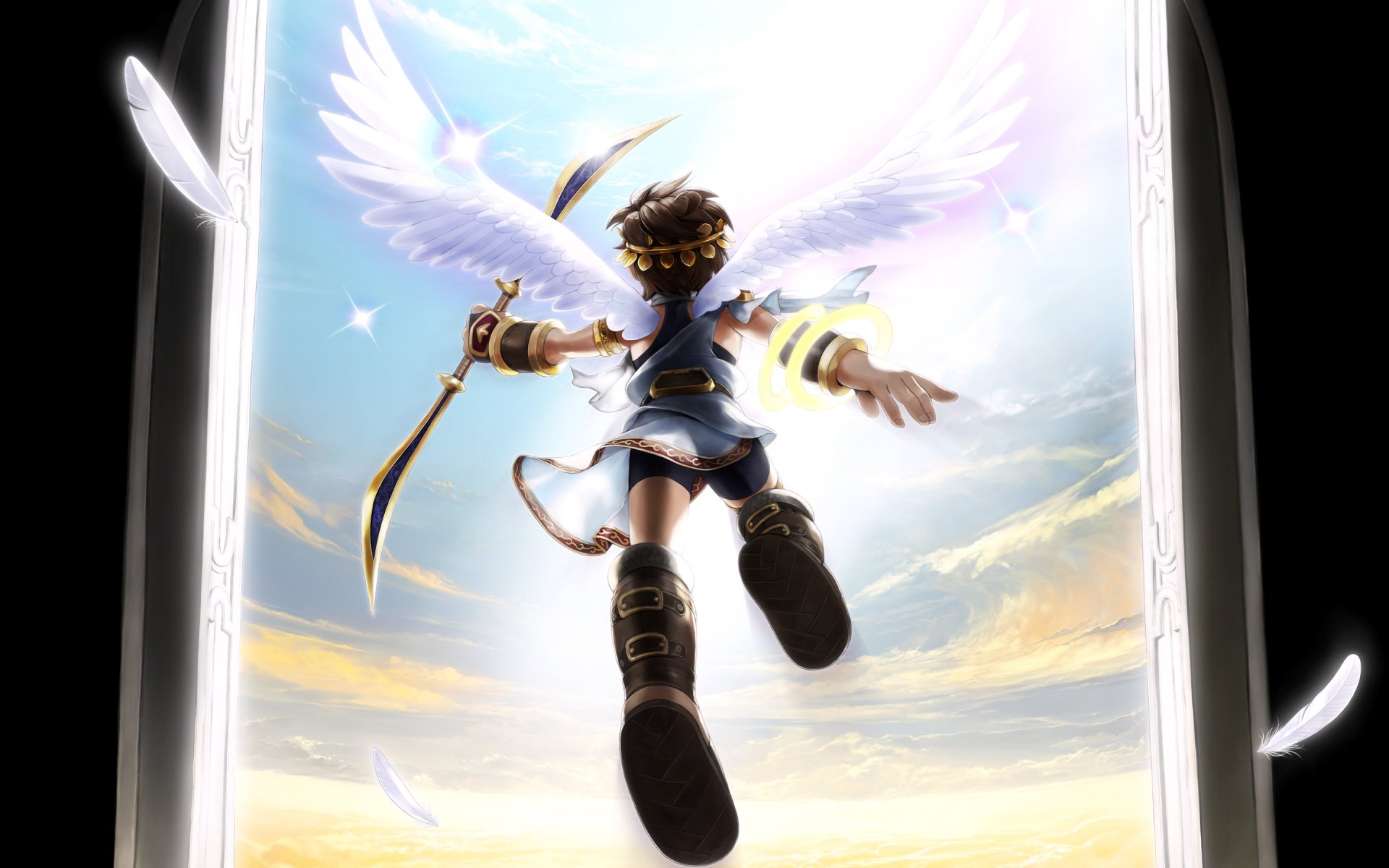 Pit (Kid Icarus) ascends with white angel wings and bow against a glowing sky — Kid Icarus: Uprising 2K Quad HD PC desktop wallpaper.