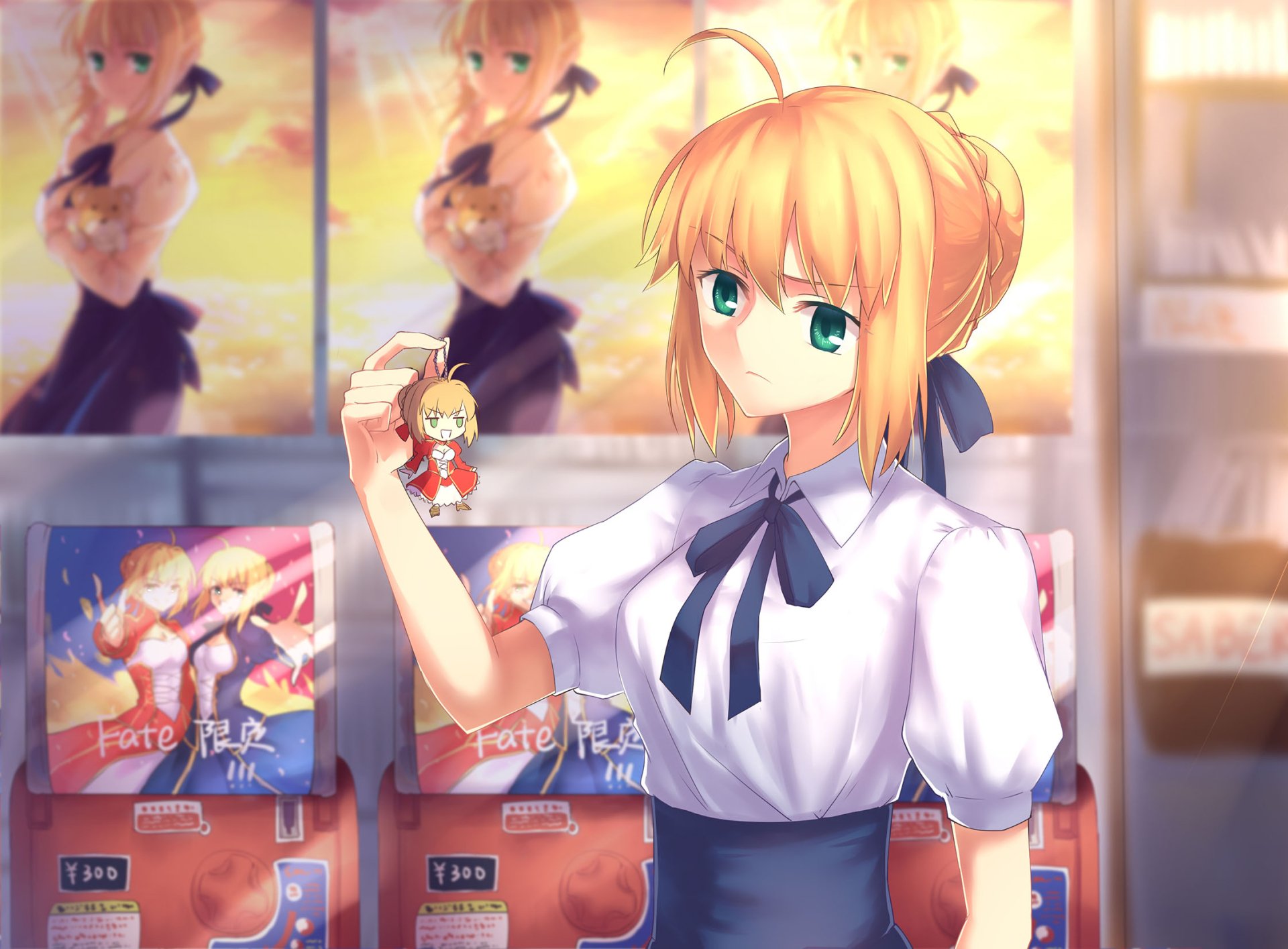 HD wallpaper featuring Saber (Artoria Pendragon) from Fate/Stay Night. Artoria is holding a chibi figure in a detailed anime background.