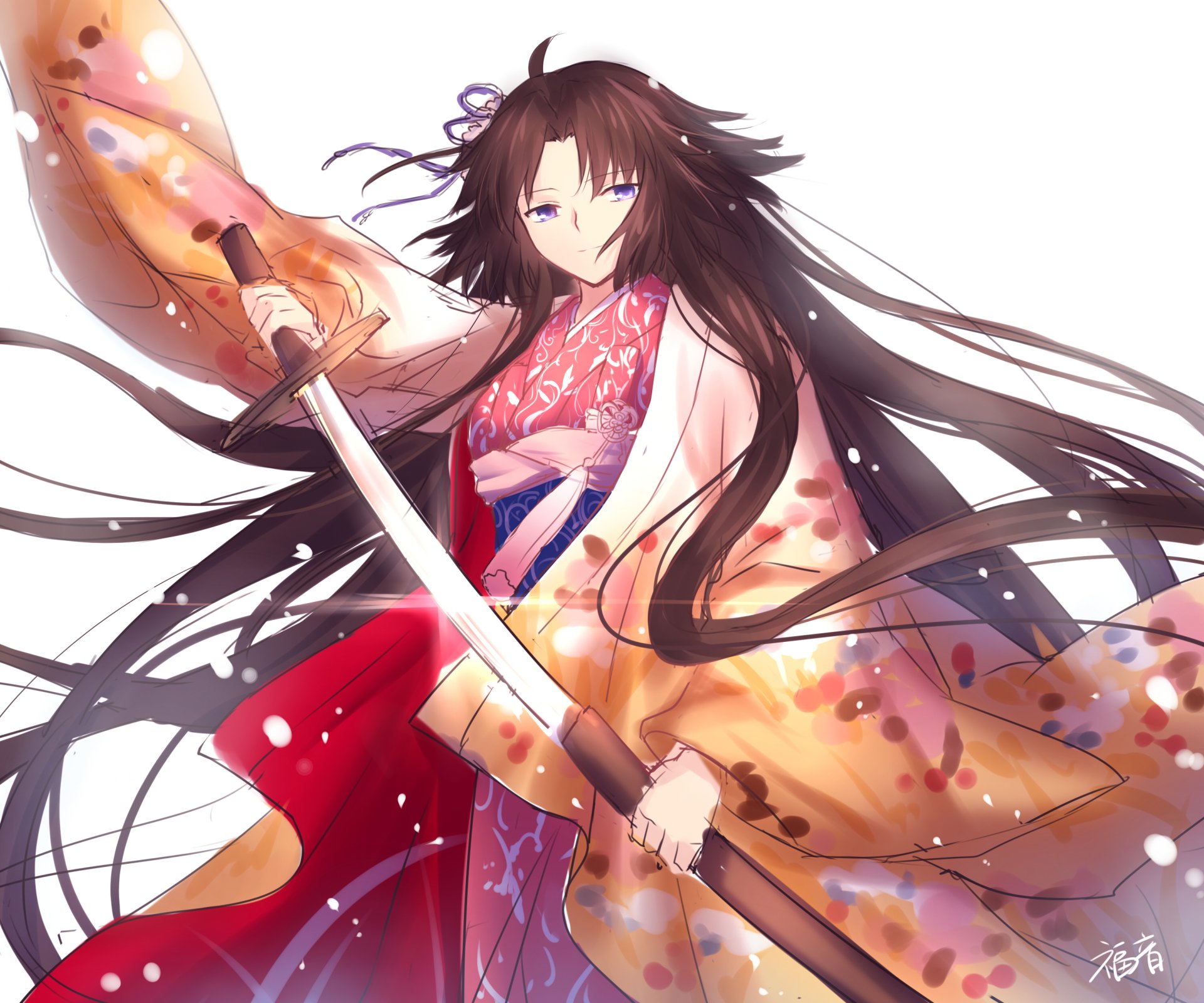 HD anime desktop wallpaper featuring Shiki Ryougi from The Garden of Sinners, wielding a katana with flowing dark hair and a detailed traditional outfit.