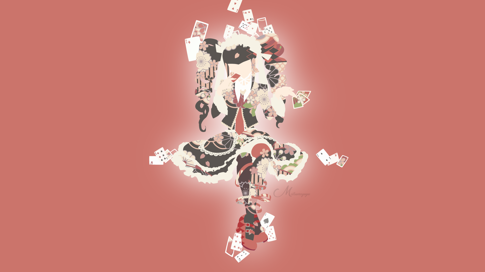 HD PC desktop wallpaper featuring Celestia Ludenberg from the anime Danganronpa, styled with playing cards and gothic motifs on a pink background.