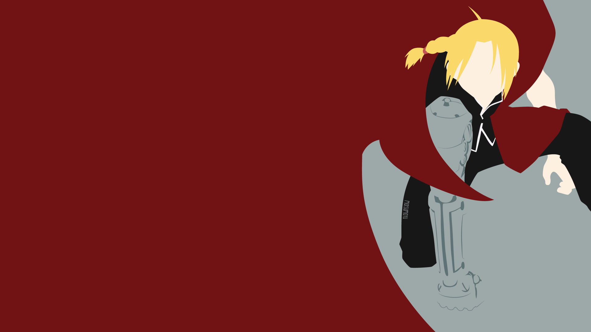 Stylized Edward Elric (Fullmetal Alchemist) in a red coat with blond braid and automail arm on a deep maroon background — 5K Ultra HD PC desktop wallpaper.