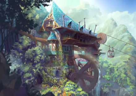 Fantasy house perched on a cliffside with a large waterwheel and cable car, surrounded by lush greenery and misty mountains, HD PC desktop wallpaper.