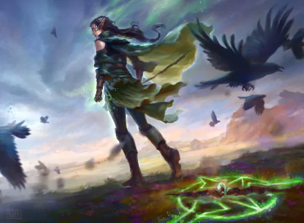 long hair pointed ears elf crow magic fantasy sorceress HD Desktop Wallpaper | Background Image