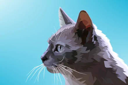 Artistic digital illustration of a gray cat in profile against a clear blue sky, created as an HD PC desktop wallpaper and background.