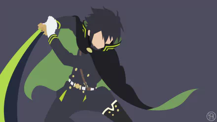 HD PC desktop wallpaper of Yūichirō Hyakuya from Seraph of the End — stylized anime art showing him in a dark uniform with a green flowing cape in a dynamic action pose.