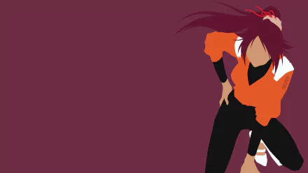Minimalist HD PC desktop wallpaper of Yoruichi Shihôin from Bleach — stylized anime silhouette in an orange top and dark pants against a maroon background
