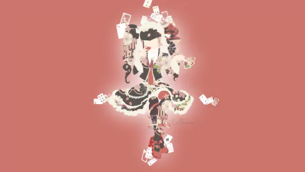 HD PC desktop wallpaper featuring Celestia Ludenberg from the anime Danganronpa, styled with playing cards and gothic motifs on a pink background.