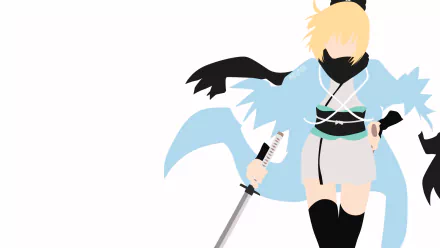 HD PC wallpaper: minimalist anime depiction of Sakura Saber (Okita Sōji) from Fate/Grand Order — blonde swordswoman in a blue cloak and scarf, katana at her side on a white background.