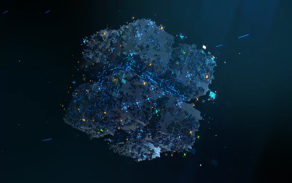 Abstract HD desktop wallpaper featuring a glowing cube with digital accents inspired by Bitcoin and blockchain technology.