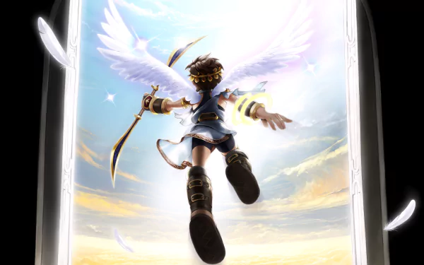 Pit (Kid Icarus) ascends with white angel wings and bow against a glowing sky — Kid Icarus: Uprising 2K Quad HD PC desktop wallpaper.