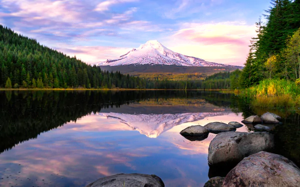 4K Ultra HD PC desktop wallpaper and background: Mount Hood rising above a forest, mirrored in a tranquil lake with rocky shore at sunrise.