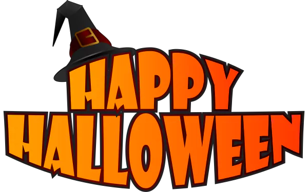 4K Ultra HD Halloween desktop wallpaper featuring bold orange Happy Halloween text with a witch hat, celebrating the holiday in a festive design.