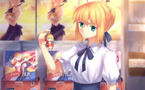 HD wallpaper featuring Saber (Artoria Pendragon) from Fate/Stay Night. Artoria is holding a chibi figure in a detailed anime background.