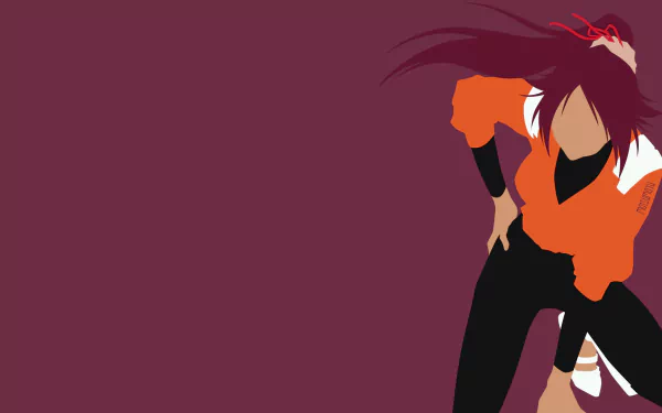 Minimalist HD PC desktop wallpaper of Yoruichi Shihôin from Bleach — stylized anime silhouette in an orange top and dark pants against a maroon background