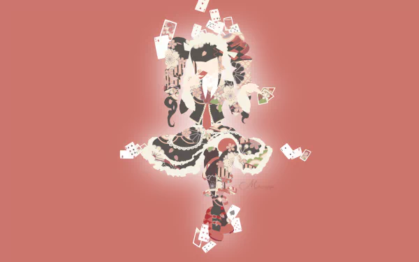HD PC desktop wallpaper featuring Celestia Ludenberg from the anime Danganronpa, styled with playing cards and gothic motifs on a pink background.