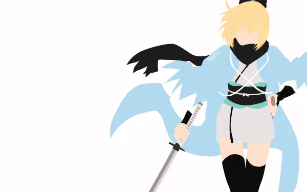 HD PC wallpaper: minimalist anime depiction of Sakura Saber (Okita Sōji) from Fate/Grand Order — blonde swordswoman in a blue cloak and scarf, katana at her side on a white background.