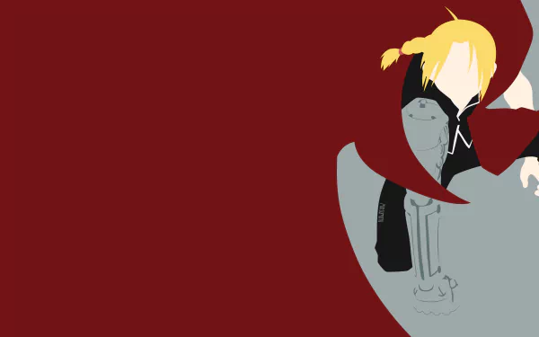 Stylized Edward Elric (Fullmetal Alchemist) in a red coat with blond braid and automail arm on a deep maroon background — 5K Ultra HD PC desktop wallpaper.