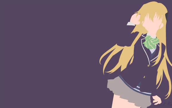 Minimalist HD PC desktop wallpaper of anime gamer Karen Tendou in a school uniform, long blonde hair with a ribbon, posed at right on a wide muted purple background.