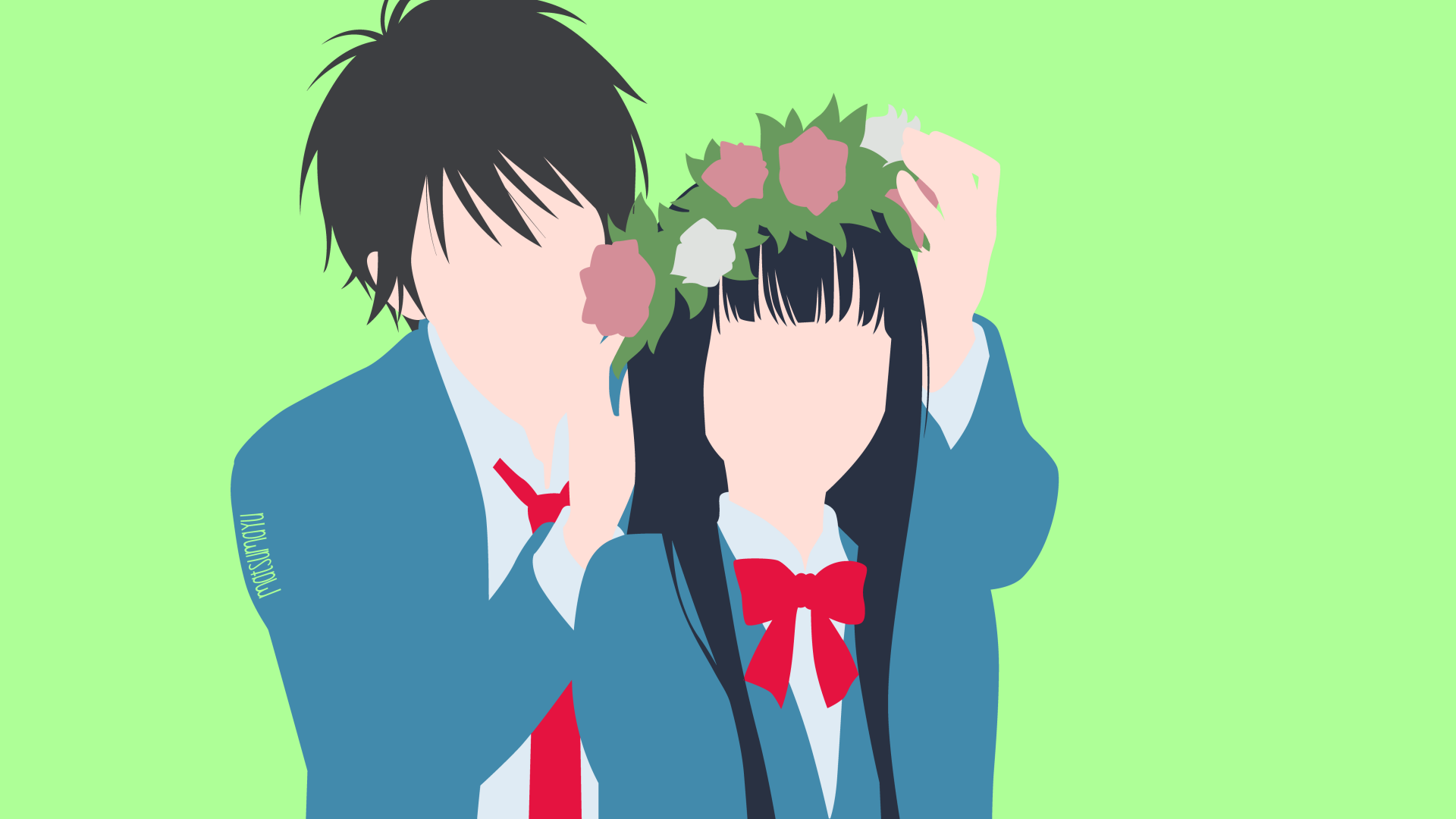 Minimalist 4K Ultra HD anime wallpaper featuring Shota Kazehaya placing a flower crown on Sawako Kuronuma from Kimi Ni Todoke against a green background.