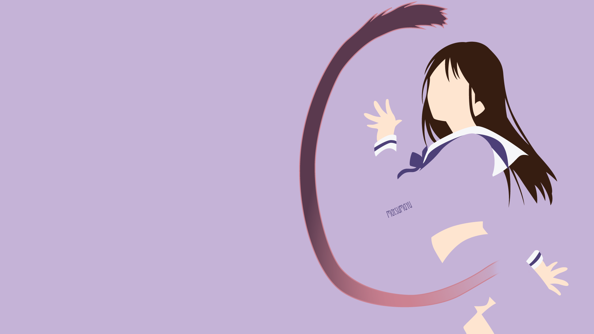 Minimalist HD PC desktop wallpaper of Hiyori Iki from Noragami: lavender background, stylized school-uniform silhouette with flowing hair and a broad brushstroke crescent.