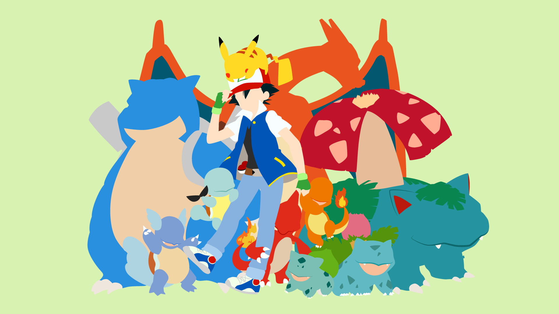 HD anime-style Pokémon desktop wallpaper featuring a trainer surrounded by iconic Pokémon like Pikachu, Charizard, Snorlax, and Venusaur in vibrant colors.