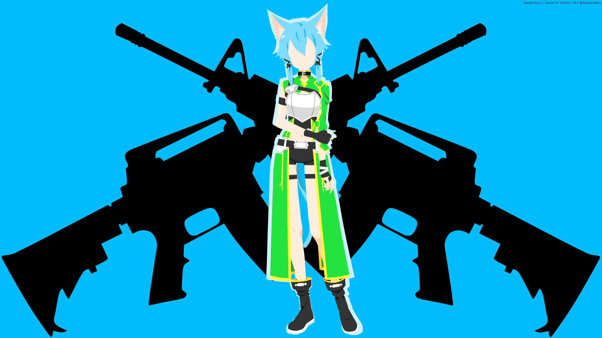 Minimalist anime 8K Ultra HD PC wallpaper of Shino Asada (Sinon) from Sword Art Online II: figure in green-and-white outfit with teal hair over black rifle silhouettes on bright blue background.