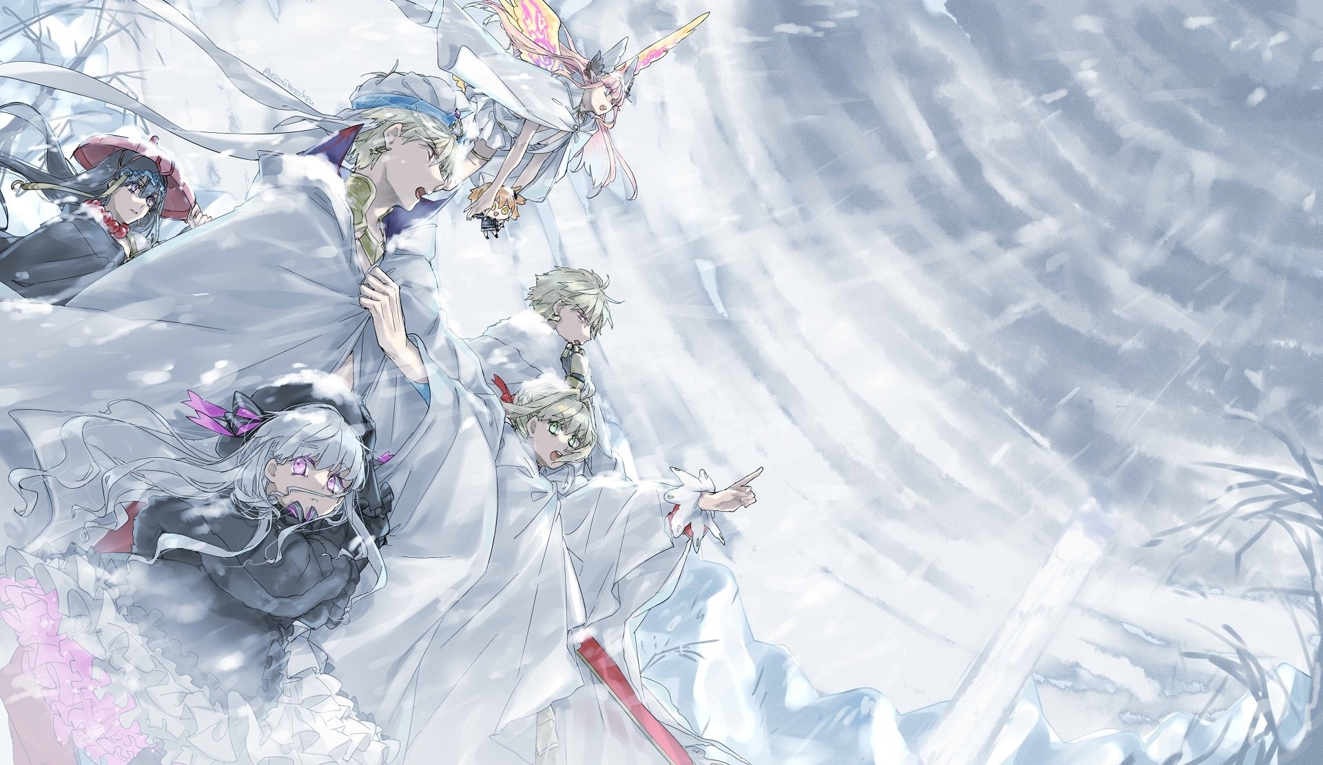 HD anime desktop wallpaper featuring Gilgamesh (Caster), Nursery Rhyme, Circe, and Red Saber from Fate/Grand Order and Fate series in dynamic poses.