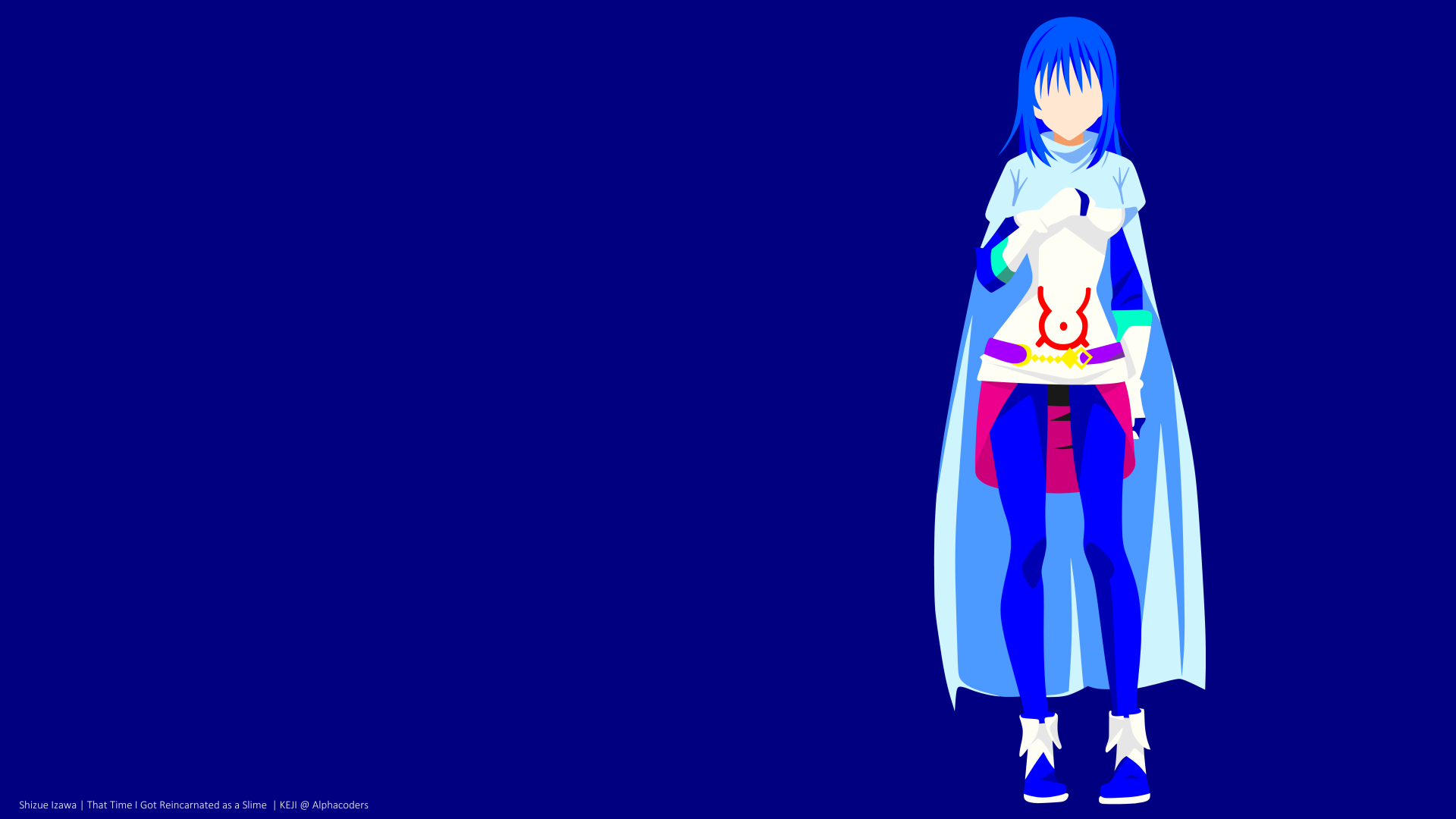 Minimalist 8K Ultra HD anime wallpaper featuring Shizue Izawa with blue hair from That Time I Got Reincarnated as a Slime, set against a solid blue background.