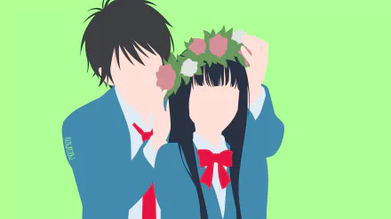 Minimalist 4K Ultra HD anime wallpaper featuring Shota Kazehaya placing a flower crown on Sawako Kuronuma from Kimi Ni Todoke against a green background.