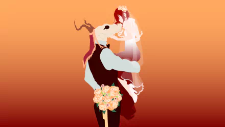 HD PC wallpaper of Chise Hatori and Elias Ainsworth from the anime The Ancient Magus' Bride, featuring a minimalist orange gradient background.