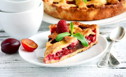 HD PC desktop wallpaper featuring a slice of berry pie garnished with basil, accompanied by a halved plum and a white cup in the background.