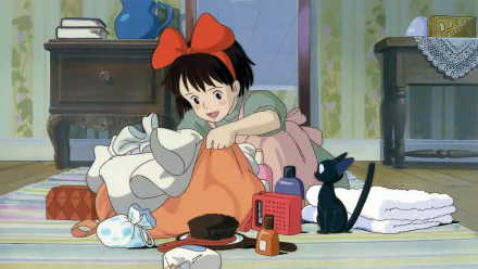 Anime HD desktop wallpaper — Kiki's Delivery Service: Kiki with a red bow unpacking a bag while Jiji the black cat watches amid scattered belongings in a cozy room.