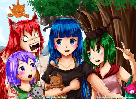 cat purple eyes green eyes blue eyes purple hair green hair red hair blue hair cat girl Anime Original anime cat HD Desktop Wallpaper | Background Image