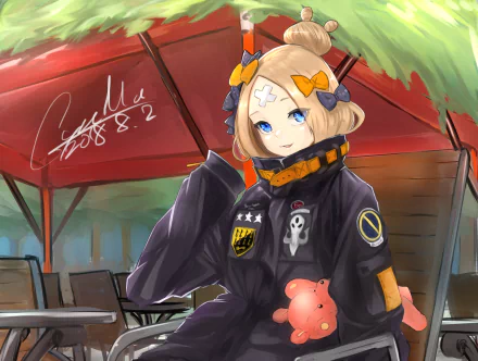 HD PC desktop wallpaper featuring anime character Abigail Williams from Fate/Grand Order, depicted with a bandaged forehead and holding a small teddy bear under a red umbrella.