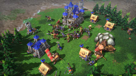 HD wallpaper of Warcraft III: Reforged depicting a vibrant in-game scene with a human base, units, and structures.