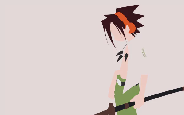 HD PC desktop wallpaper featuring Yoh Asakura from the anime Shaman King — minimalist stylized silhouette holding a sword against a pale background.