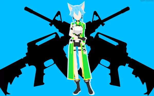 Minimalist anime 8K Ultra HD PC wallpaper of Shino Asada (Sinon) from Sword Art Online II: figure in green-and-white outfit with teal hair over black rifle silhouettes on bright blue background.