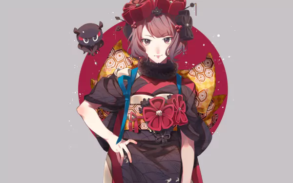 HD PC desktop wallpaper featuring Katsushika Hokusai from Fate/Grand Order, depicted in anime style with a detailed outfit and a small floating companion.