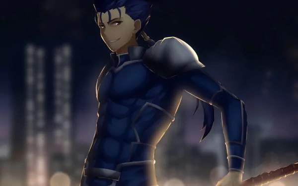 Lancer (Fate/Grand Order) in blue armor wielding a spear before glowing city lights at night — anime HD PC desktop wallpaper and background.
