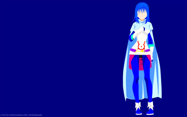Minimalist 8K Ultra HD anime wallpaper featuring Shizue Izawa with blue hair from That Time I Got Reincarnated as a Slime, set against a solid blue background.