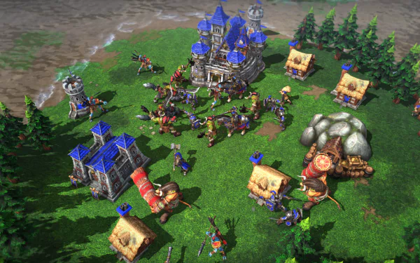 HD wallpaper of Warcraft III: Reforged depicting a vibrant in-game scene with a human base, units, and structures.