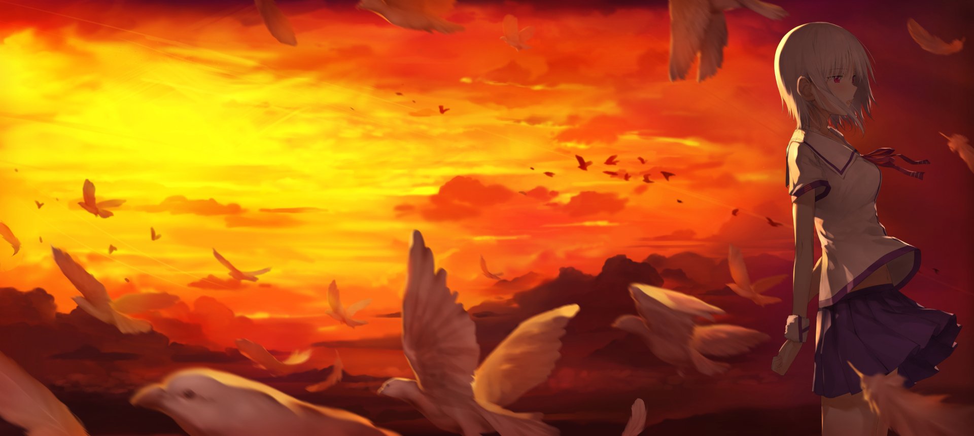 HD anime desktop wallpaper: Kana Iriya in a school uniform and skirt with blonde hair and red eyes stands at right as birds fly across a fiery orange sky — Iriya no Sora, UFO no Natsu