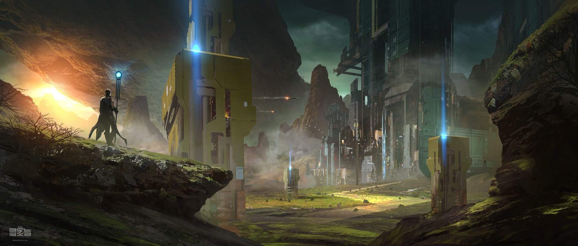 A futuristic sci-fi cityscape with towering structures and glowing blue lights, captured in a moody, atmospheric HD PC desktop wallpaper.