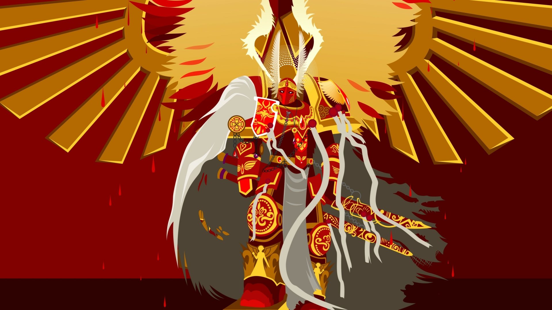 HD PC desktop wallpaper featuring a Warhammer 40k video game character in detailed red and gold armor with wings and a large weapon against a bold red background.