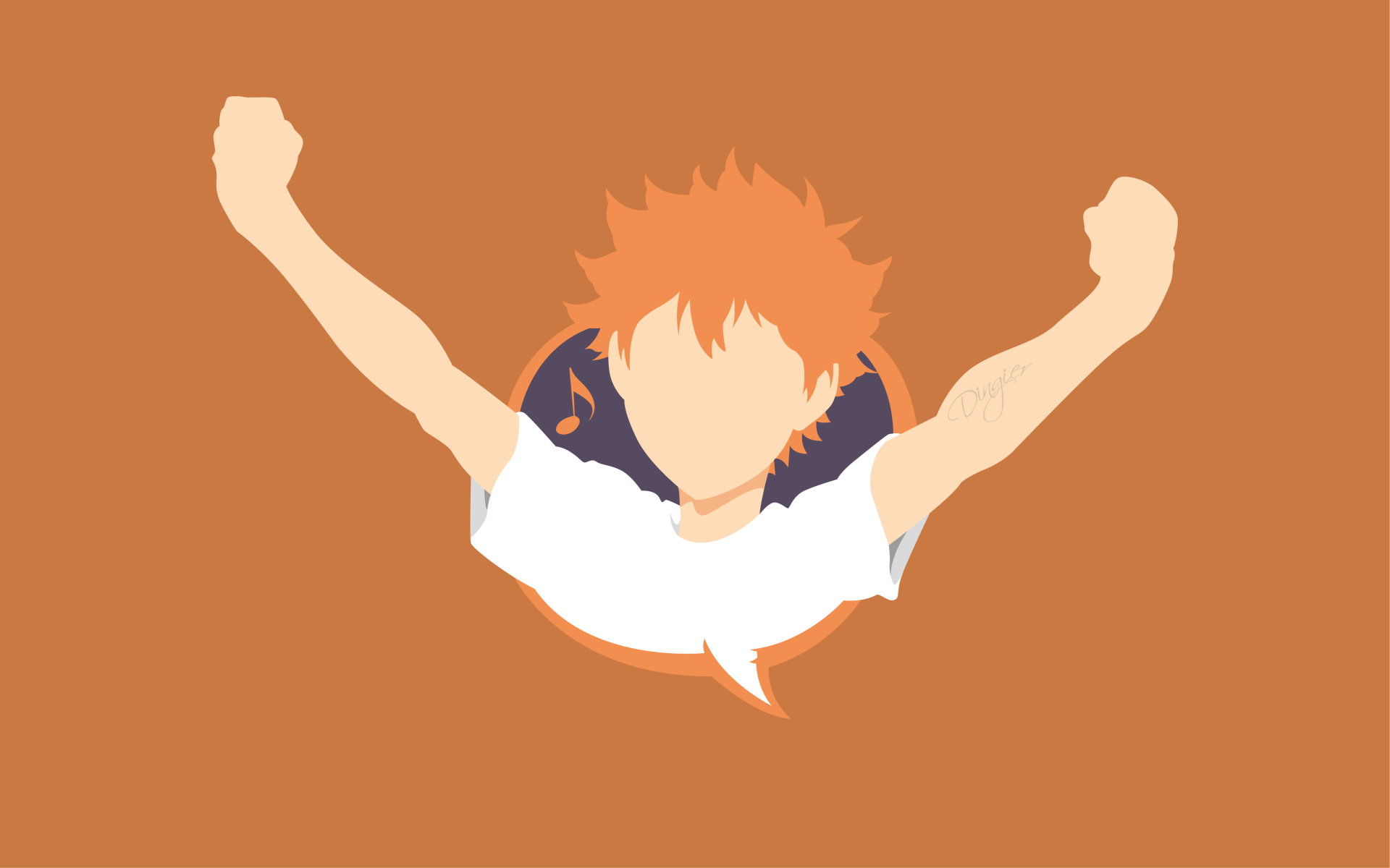 Minimalist 4K Ultra HD anime wallpaper of Shōyō Hinata from Haikyū!!, featuring his orange hair and arms raised against a solid background.